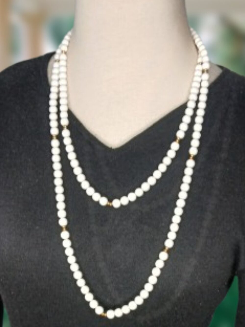 VTG  Monet White Beaded Necklace  super long Gold Tone Spacers Classic versatile